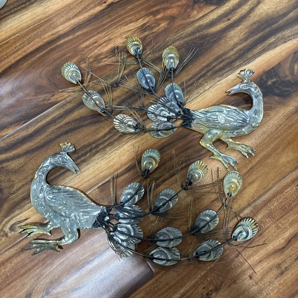 VTG Metal Tin Peacock Pair Wall Art Hanging-MCM-Metallic Tones-Hong Kong 18